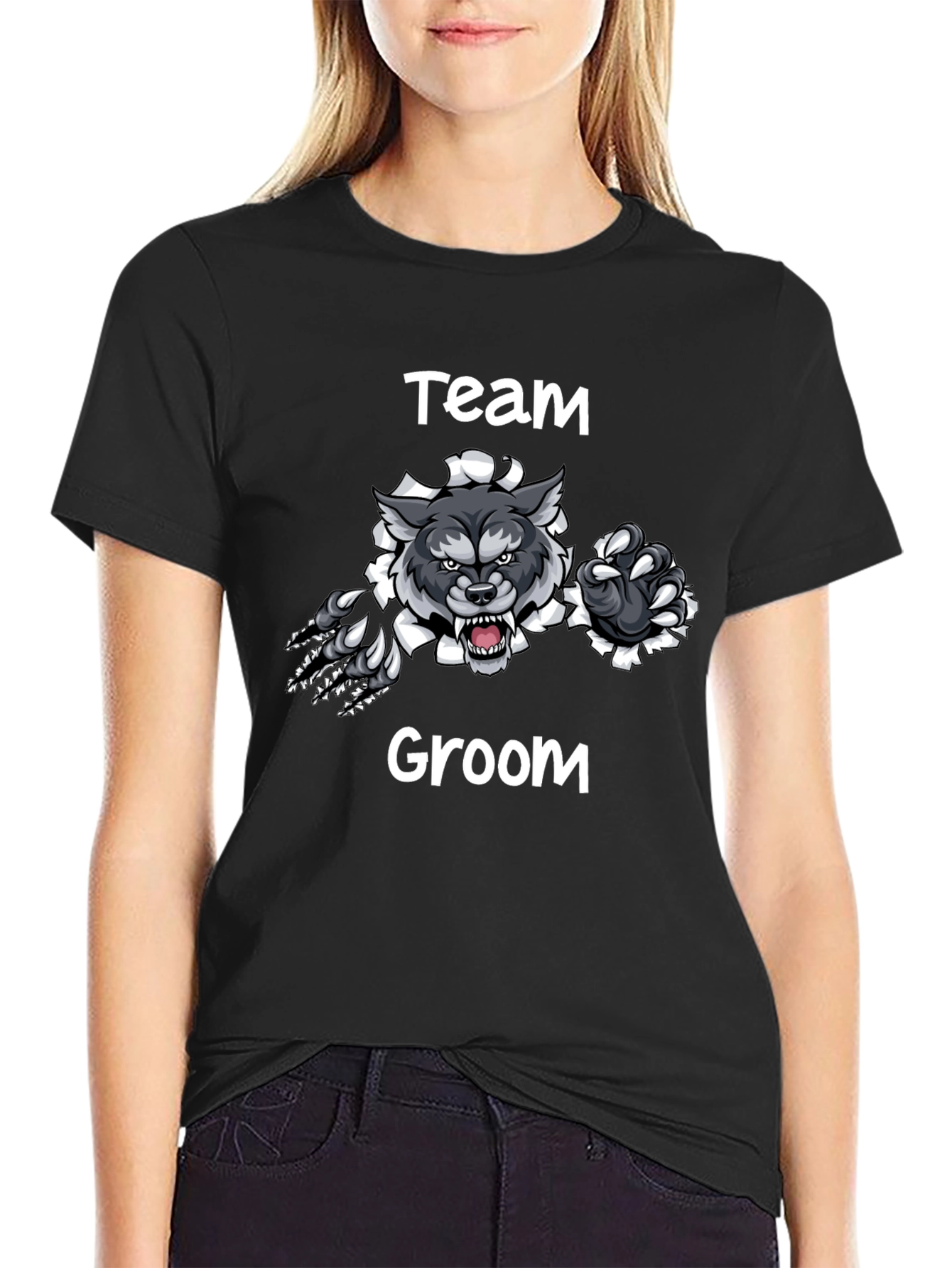 Team Groom Wolf Graphic Black T-Shirt