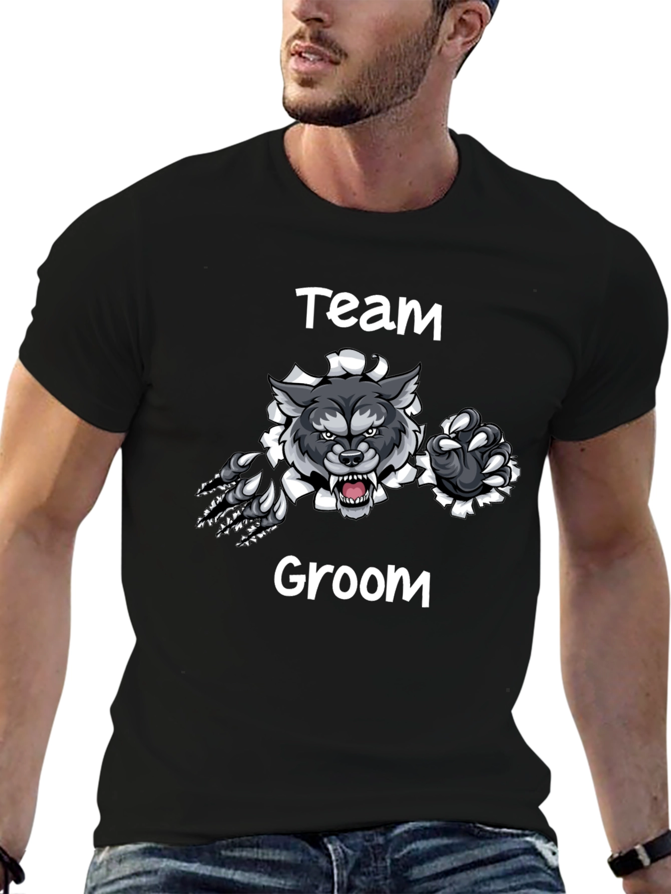 Team Groom Wolf Graphic Black T-Shirt