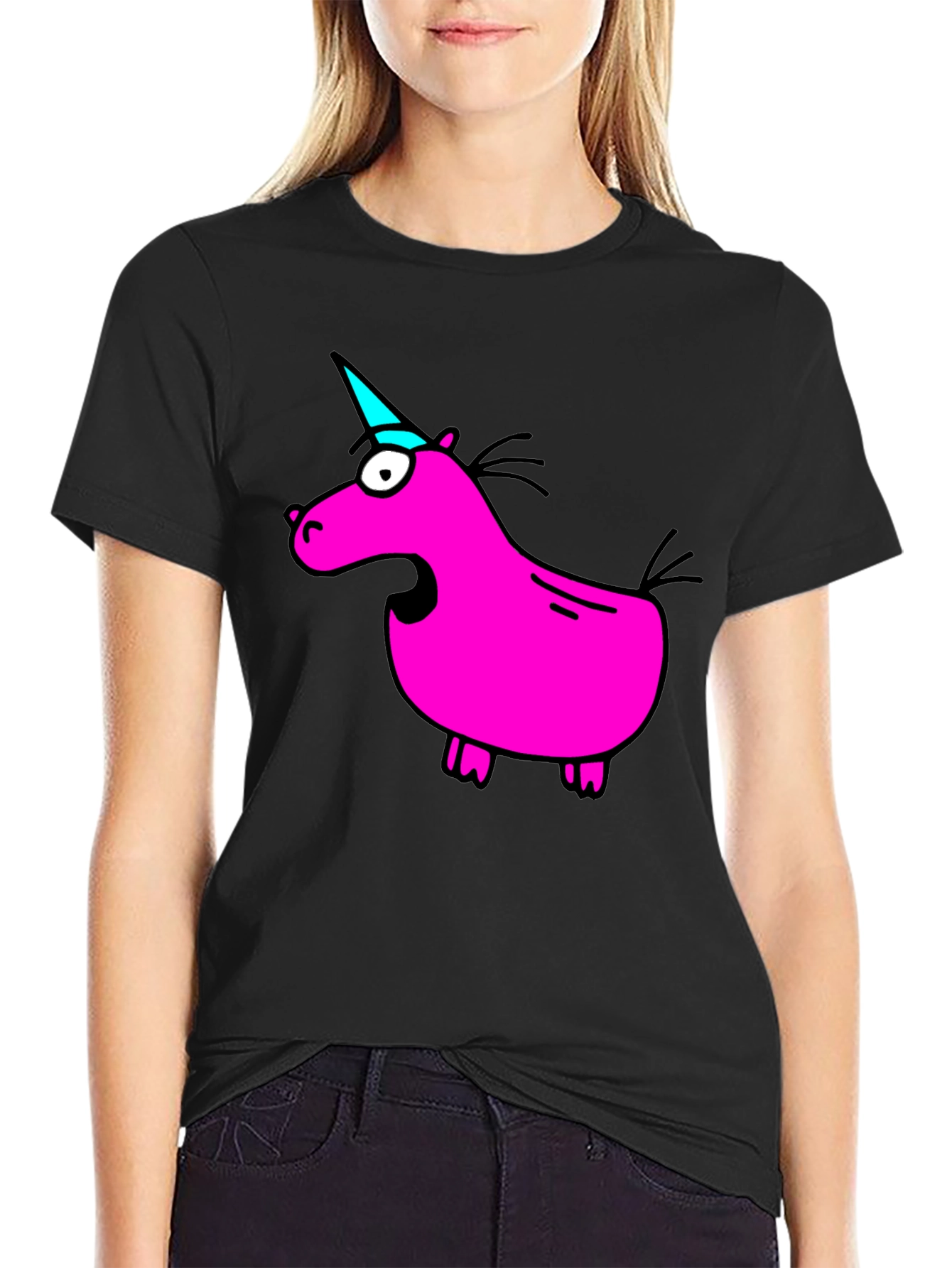 Funny Pink Unicorn Black T-Shirt