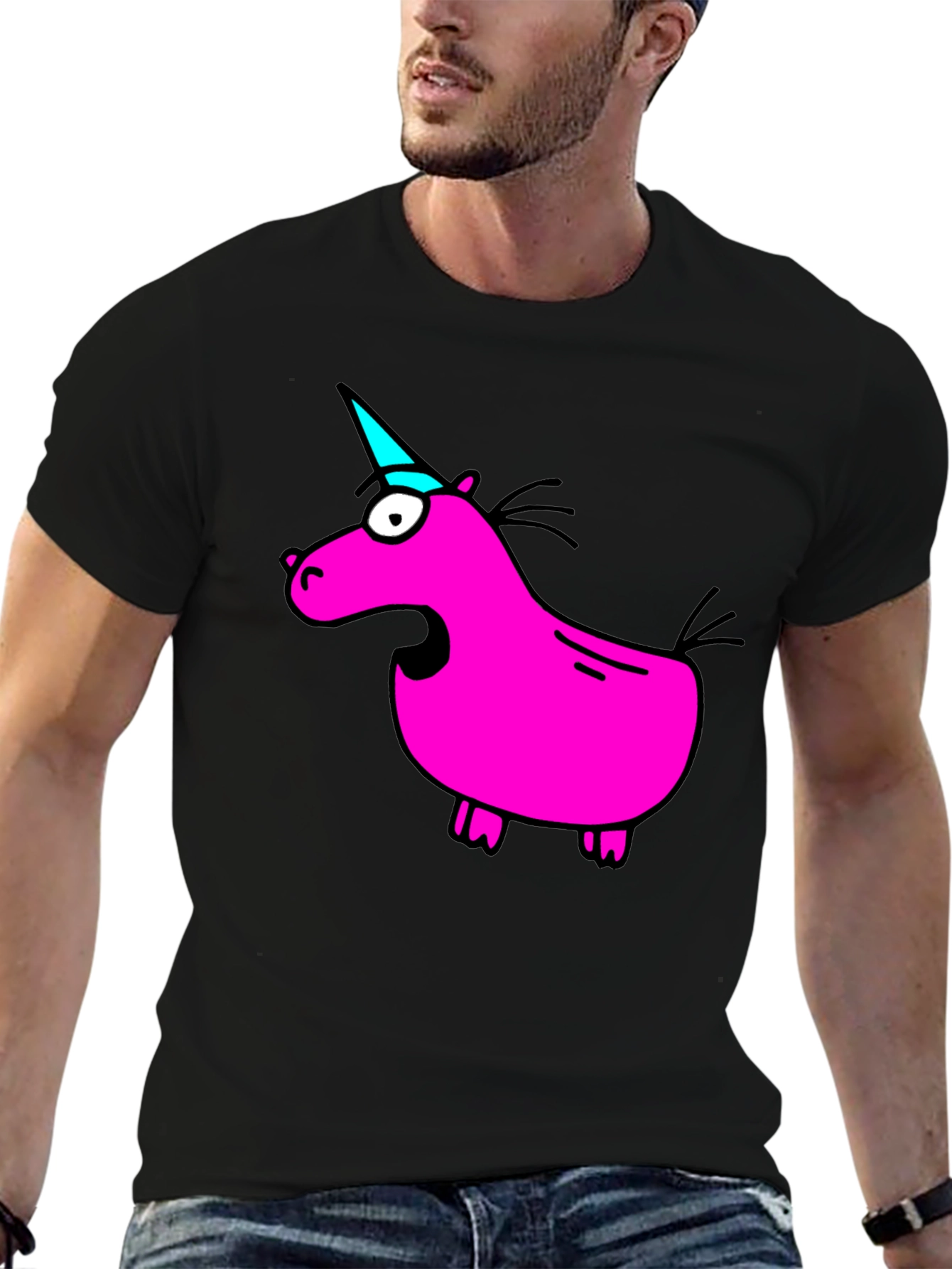 Funny Pink Unicorn Black T-Shirt