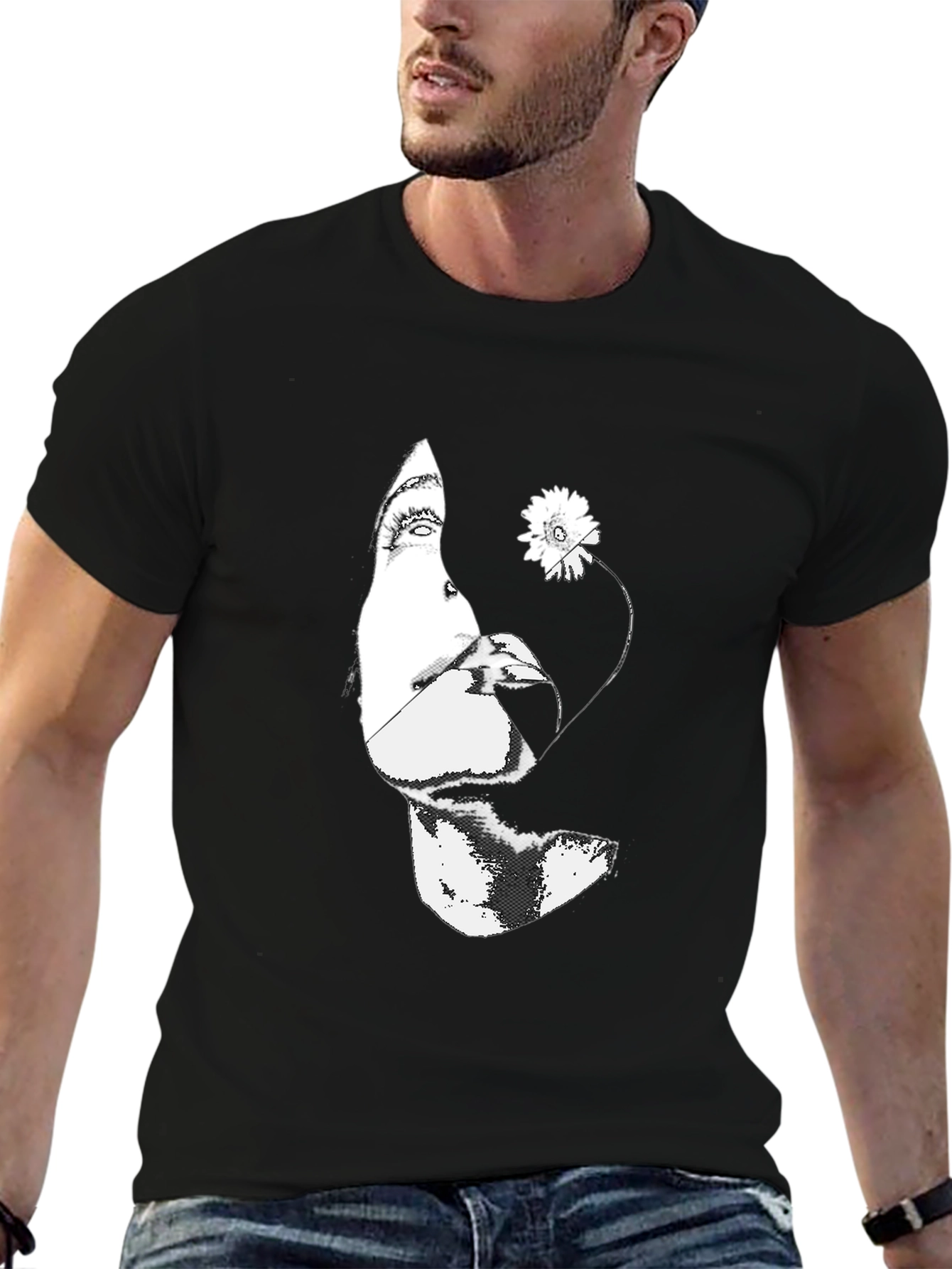 Black Graphic Tee - Abstract Face & Flower Print