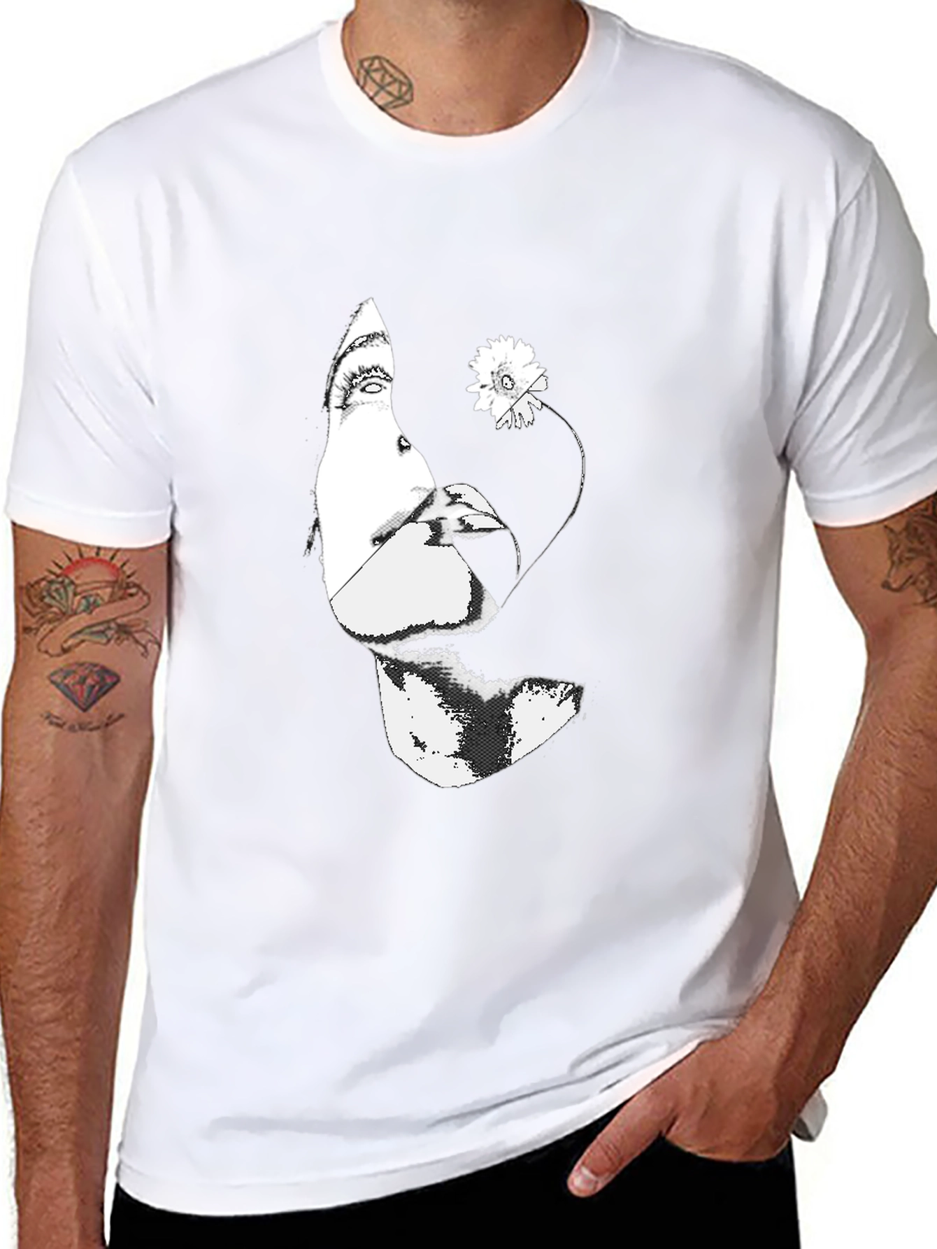 Black Graphic Tee - Abstract Face & Flower Print