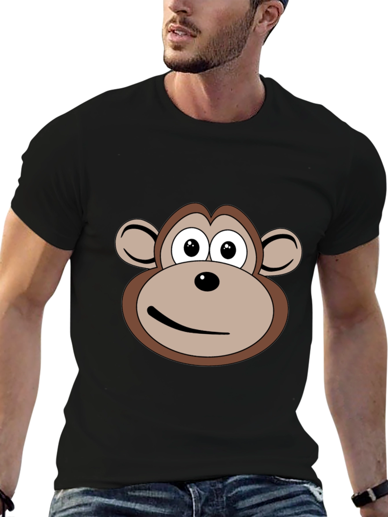 Cartoon Monkey Face Black T-Shirt