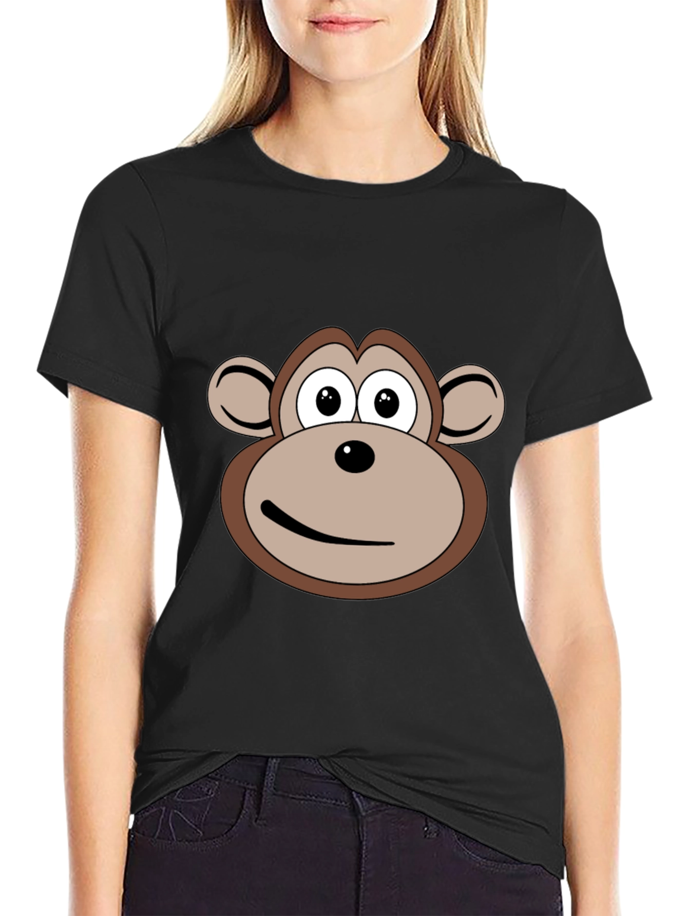 Cartoon Monkey Face Black T-Shirt