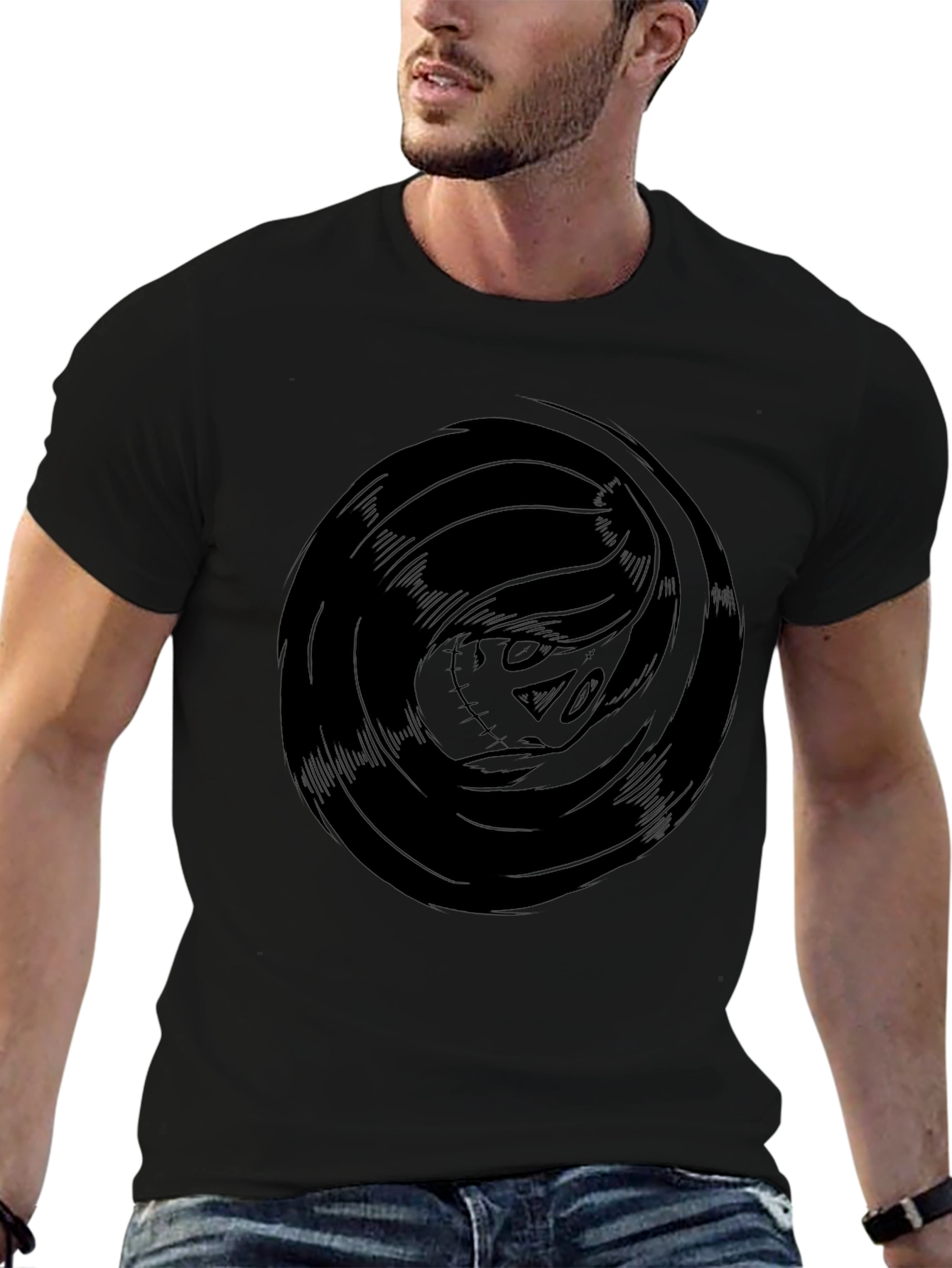 Mens Black Graphic Tee - Swirling Skull Design
