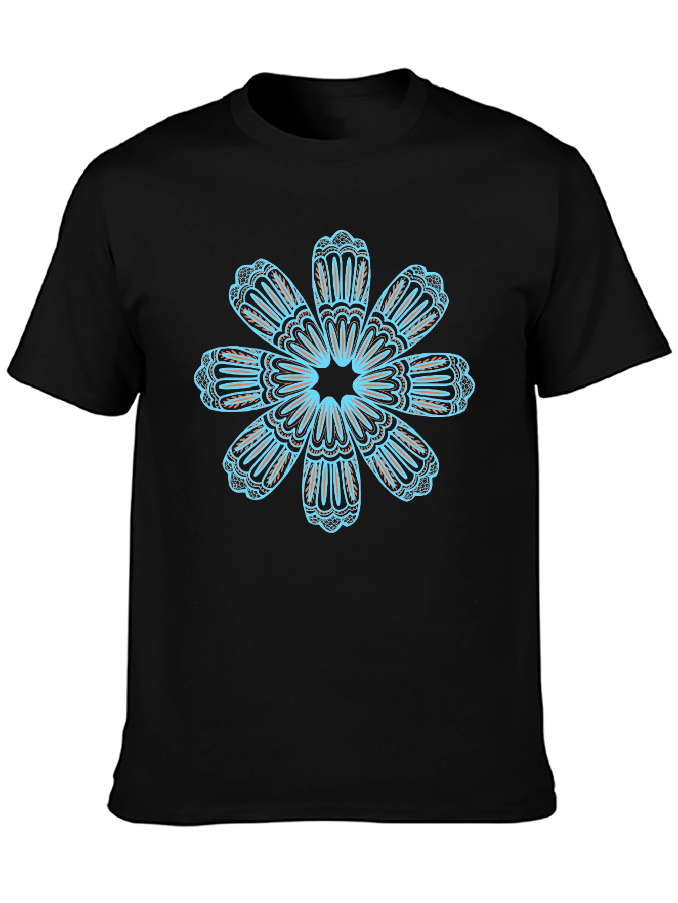 Black T-Shirt with Teal Floral Mandala Design
