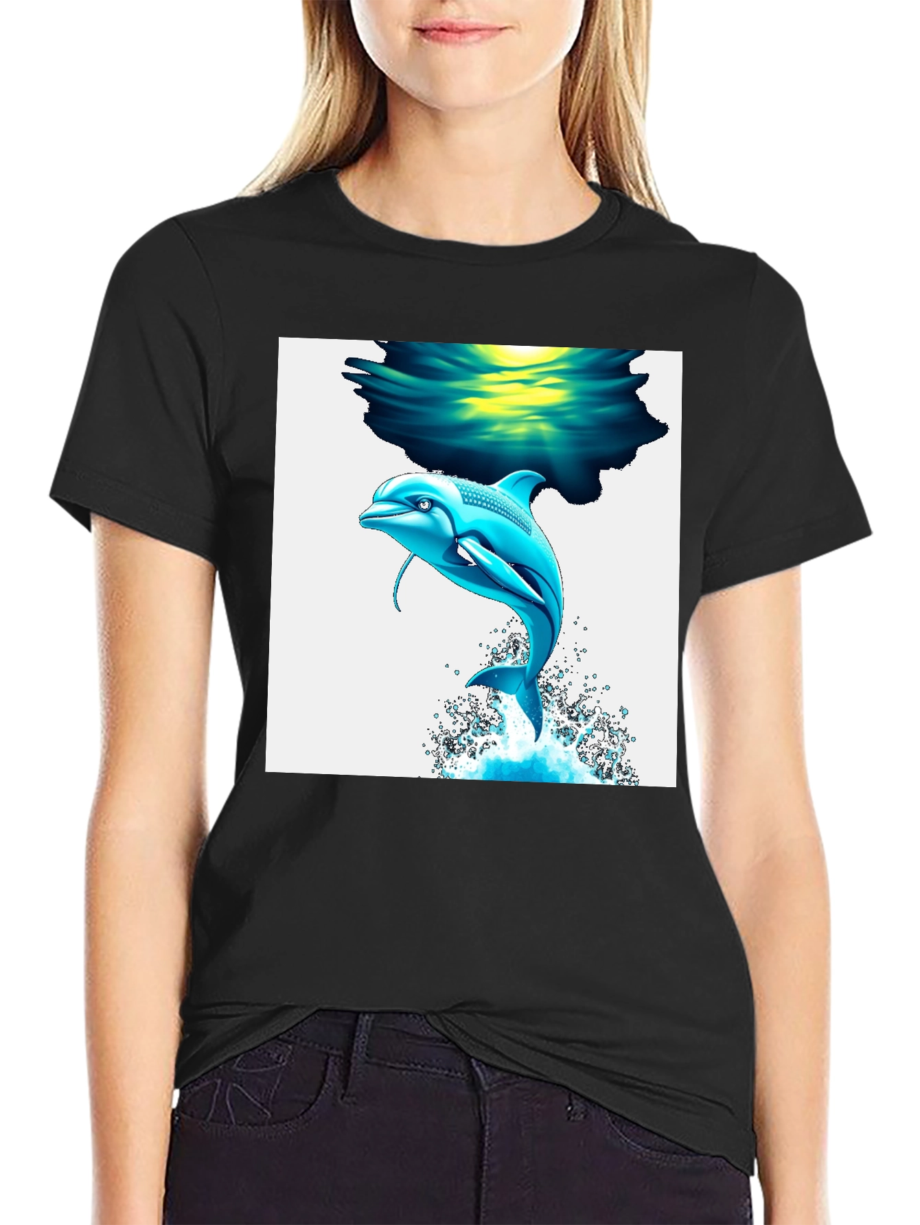 Dolphin Graphic Tee - Black Cotton Blend T-Shirt