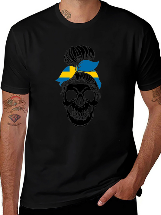 Sweden Flag Skull Messy Bun T-Shirt